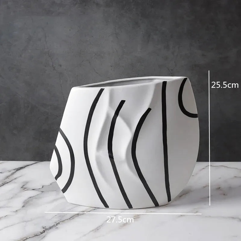 Grand Vase Décoratif Noir et Blanc à Rayures | Design Scandinave Minimaliste - Maison Vase