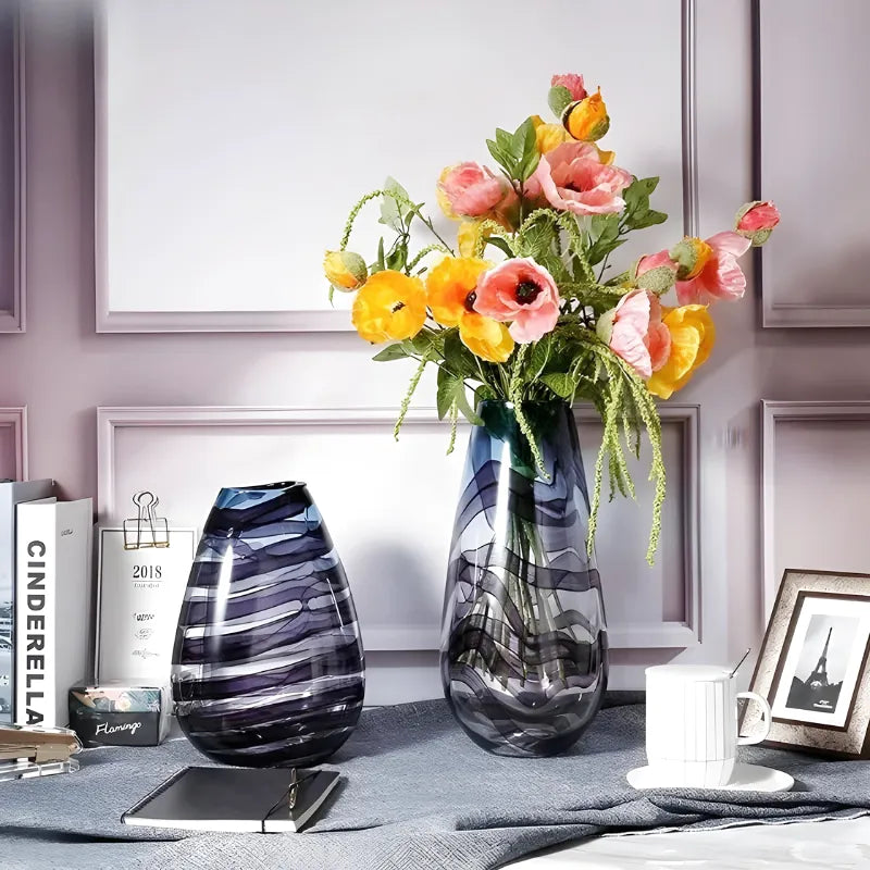 Grand Vase en Verre Transparent à Ondulations Bleutées | Design Décoratif Luxe et Moderne - Maison Vase