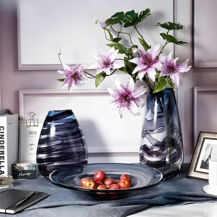 Grand Vase en Verre Transparent à Ondulations Bleutées | Design Décoratif Luxe et Moderne - Maison Vase