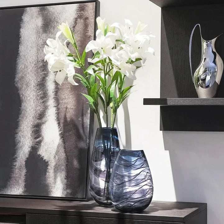 Grand Vase en Verre Transparent à Ondulations Bleutées | Design Décoratif Luxe et Moderne - Maison Vase