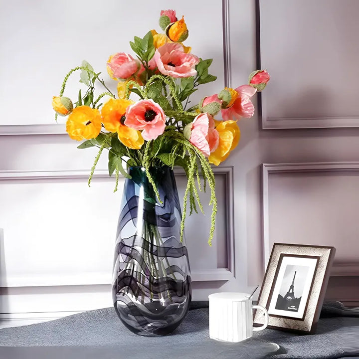 Grand Vase en Verre Transparent à Ondulations Bleutées | Design Décoratif Luxe et Moderne - Maison Vase