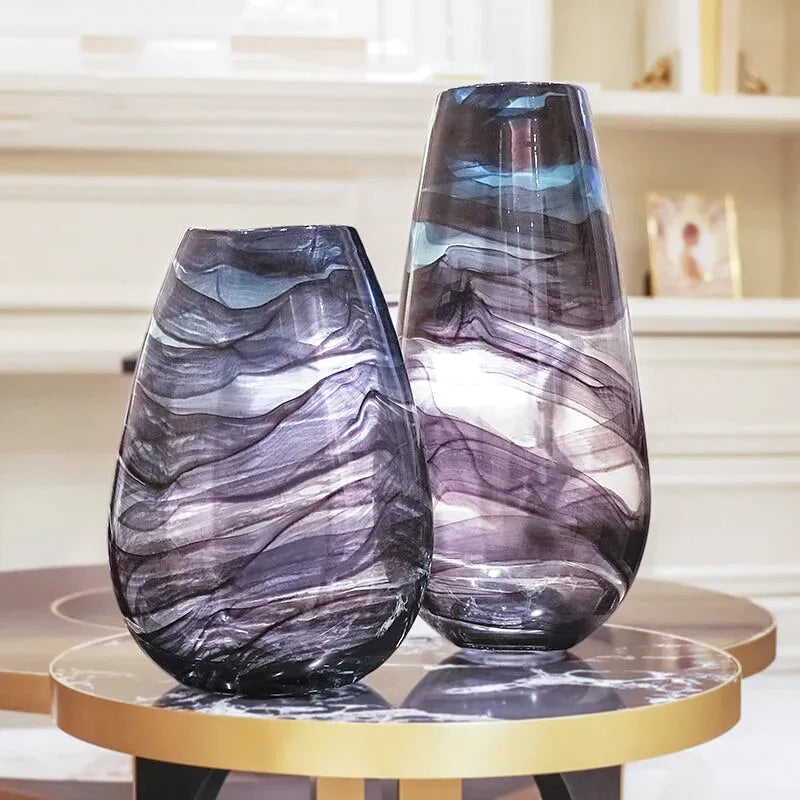 Grand Vase en Verre Transparent à Ondulations Bleutées | Design Décoratif Luxe et Moderne - Maison Vase