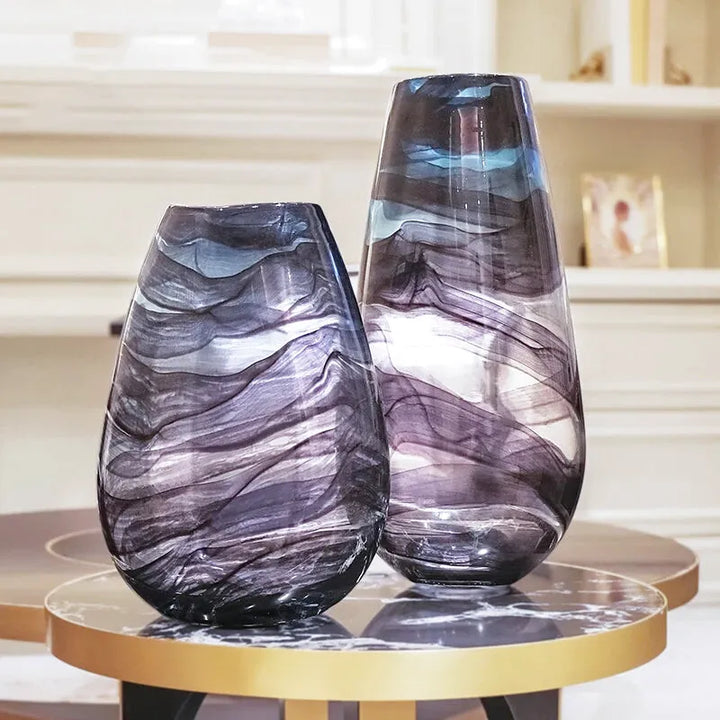 Grand Vase en Verre Transparent à Ondulations Bleutées | Design Décoratif Luxe et Moderne - Maison Vase
