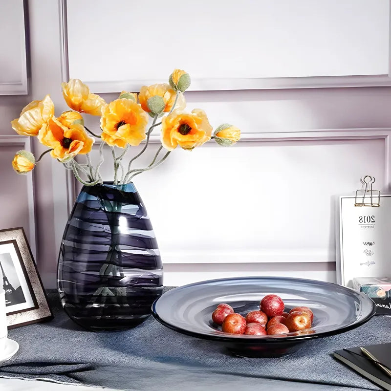 Grand Vase en Verre Transparent à Ondulations Bleutées | Design Décoratif Luxe et Moderne - Maison Vase