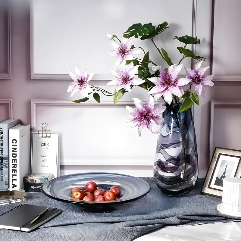 Grand Vase en Verre Transparent à Ondulations Bleutées | Design Décoratif Luxe et Moderne - Maison Vase