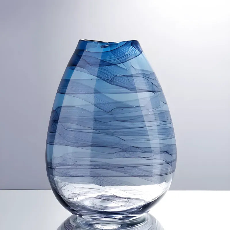 Grand Vase en Verre Transparent à Ondulations Bleutées | Design Décoratif Luxe et Moderne - Maison Vase