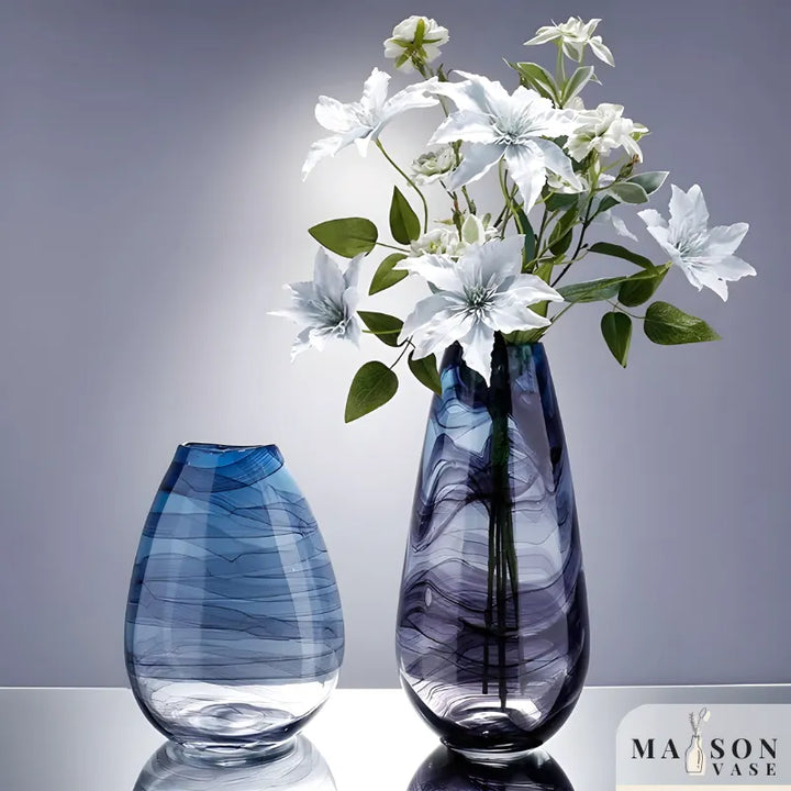 Grand Vase en Verre Transparent à Ondulations Bleutées | Design Décoratif Luxe et Moderne - Maison Vase