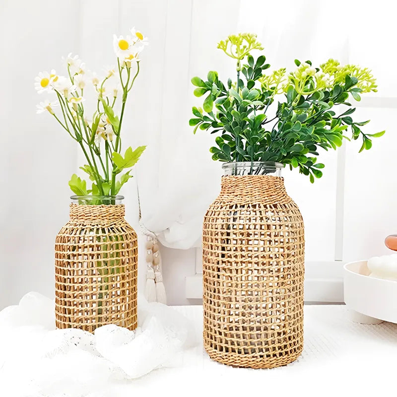 Petit Vase en Verre et Osier | Élégance Tressée Naturelle et Bohème - Maison Vase