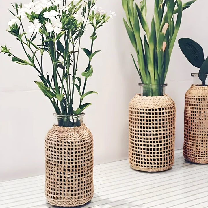 Petit Vase en Verre et Osier | Élégance Tressée Naturelle et Bohème - Maison Vase