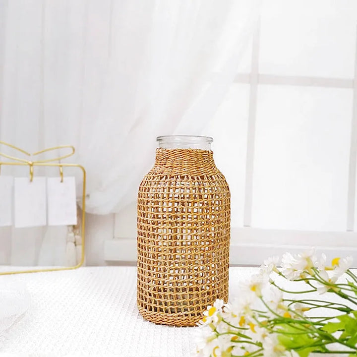 Petit Vase en Verre et Osier | Élégance Tressée Naturelle et Bohème - Maison Vase