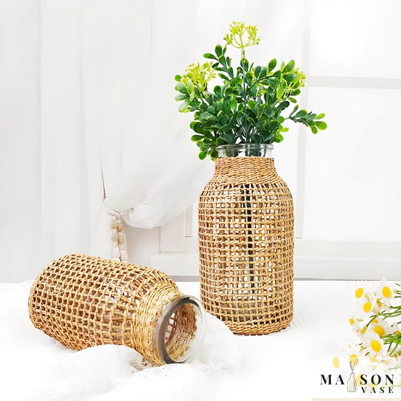 Petit Vase en Verre et Osier | Élégance Tressée Naturelle et Bohème - Maison Vase