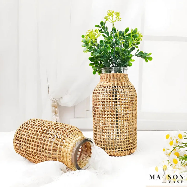 Petit Vase en Verre et Osier | Élégance Tressée Naturelle et Bohème - Maison Vase