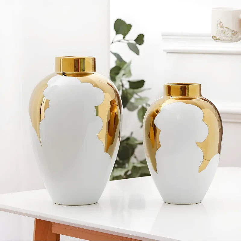 Vase à Fleurs Blanc et Doré | Élégance Moderne en Céramique - Maison Vase