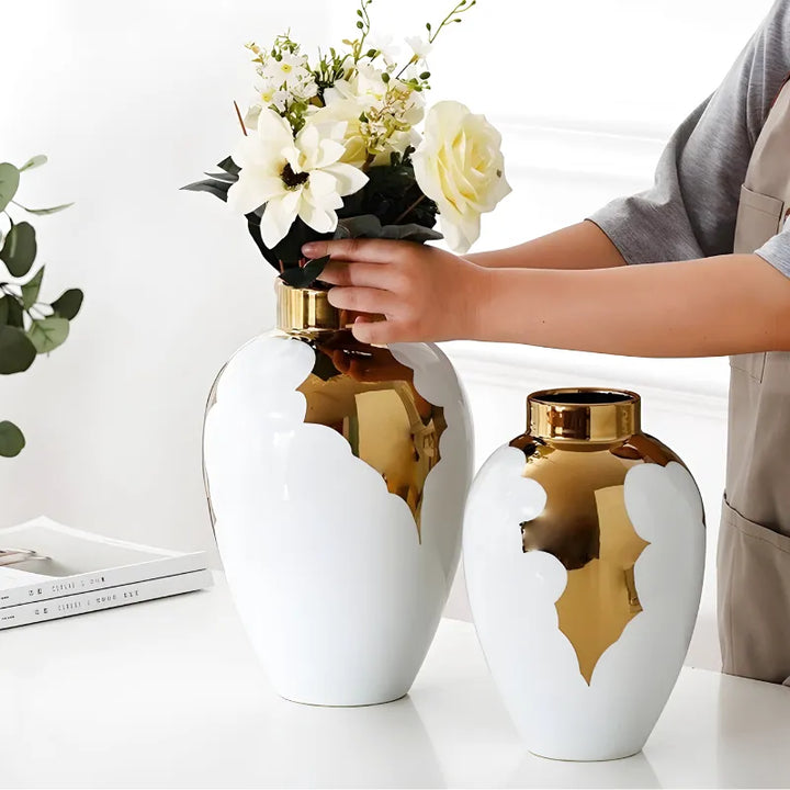 Vase à Fleurs Blanc et Doré | Élégance Moderne en Céramique - Maison Vase