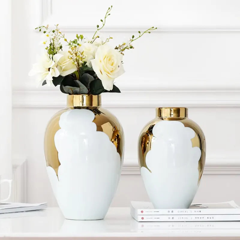 Vase à Fleurs Blanc et Doré | Élégance Moderne en Céramique - Maison Vase