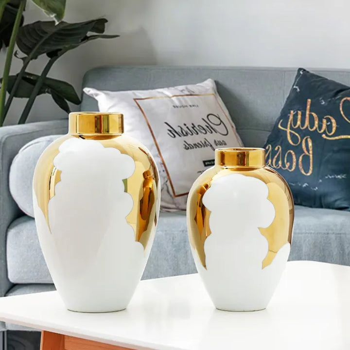 Vase à Fleurs Blanc et Doré | Élégance Moderne en Céramique - Maison Vase