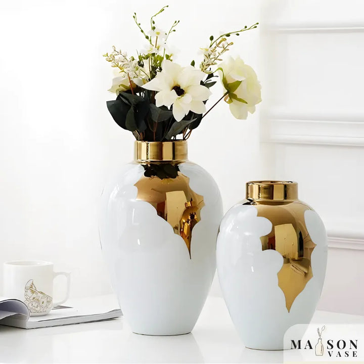 Vase à Fleurs Blanc et Doré | Élégance Moderne en Céramique - Maison Vase