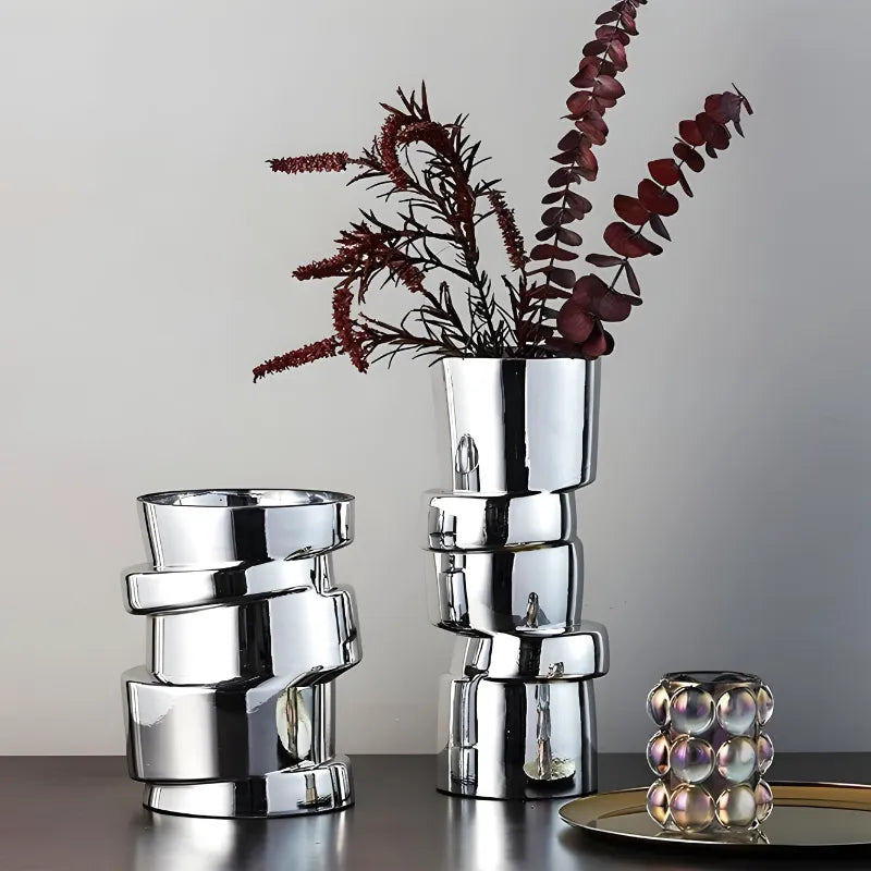 Vase à Fleurs Cylindrique avec Effet Métal Argenté | Moderne, Design et Décoratif - Maison Vase
