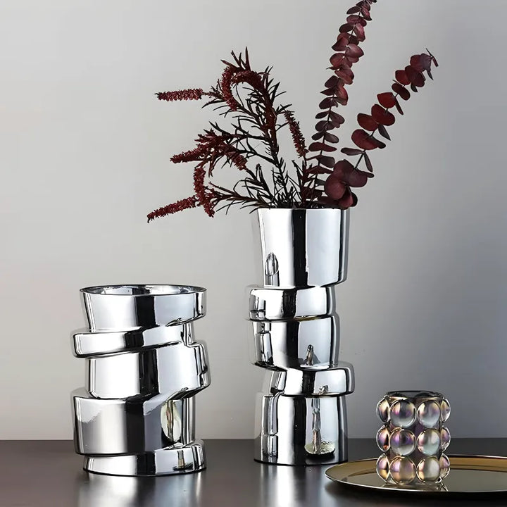 Vase à Fleurs Cylindrique avec Effet Métal Argenté | Moderne, Design et Décoratif - Maison Vase