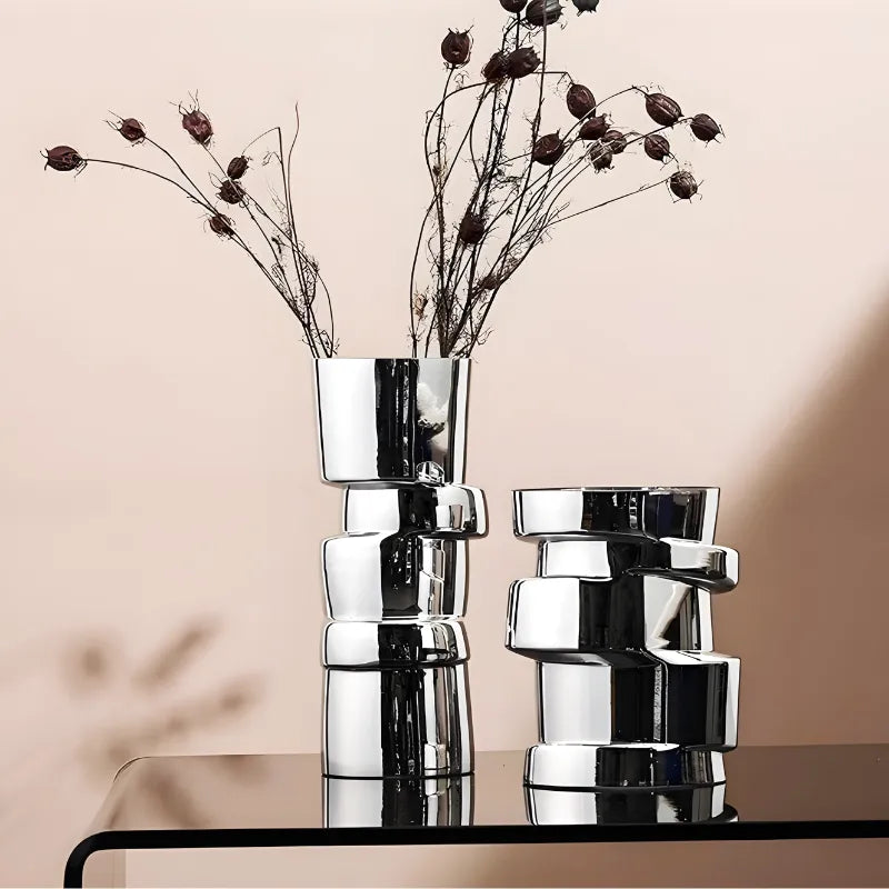 Vase à Fleurs Cylindrique avec Effet Métal Argenté | Moderne, Design et Décoratif - Maison Vase