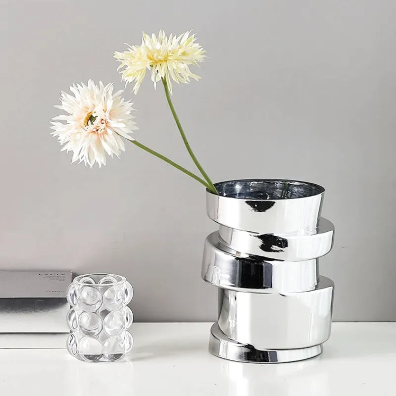 Vase à Fleurs Cylindrique avec Effet Métal Argenté | Moderne, Design et Décoratif - Maison Vase