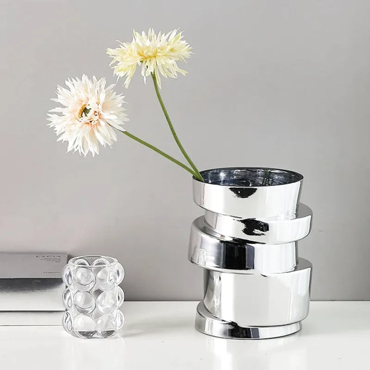 Vase à Fleurs Cylindrique avec Effet Métal Argenté | Moderne, Design et Décoratif - Maison Vase