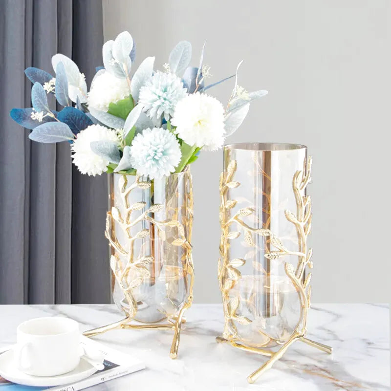 Vase à Fleurs Cylindrique en Verre | Cadre Doré Décoratif et Minimaliste - Maison Vase