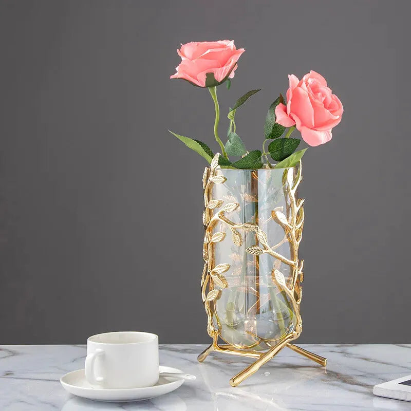 Vase à Fleurs Cylindrique en Verre | Cadre Doré Décoratif et Minimaliste - Maison Vase