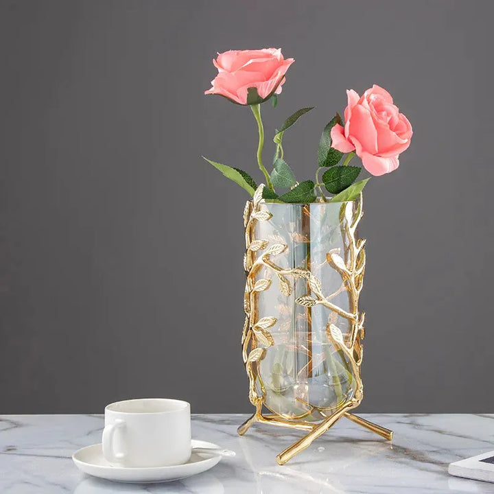 Vase à Fleurs Cylindrique en Verre | Cadre Doré Décoratif et Minimaliste - Maison Vase