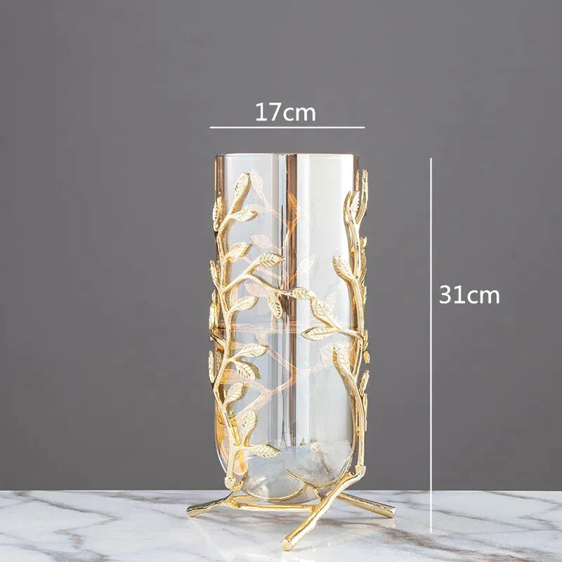 Vase à Fleurs Cylindrique en Verre | Cadre Doré Décoratif et Minimaliste - Maison Vase