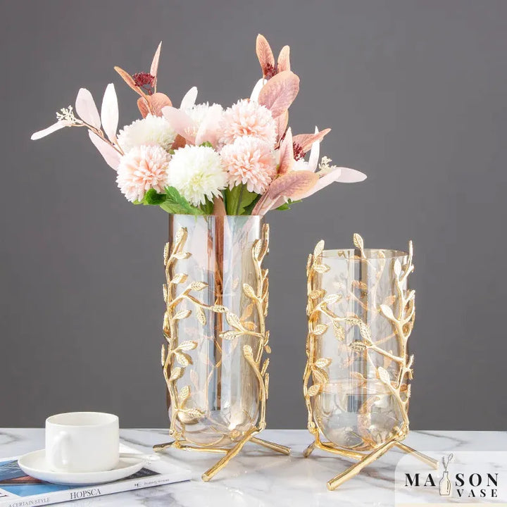 Vase à Fleurs Cylindrique en Verre | Cadre Doré Décoratif et Minimaliste - Maison Vase