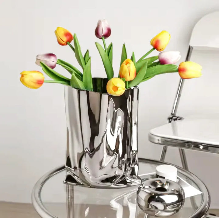 Vase à Fleurs en Céramique Design et Moderne | Effet Métal Ondulé - Maison Vase