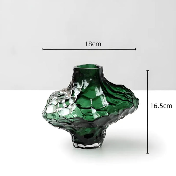 Vase à Fleurs en Verre Transparent | Design Géométrique Vert Émeraude et Effet Pierre Sculptée - Maison Vase