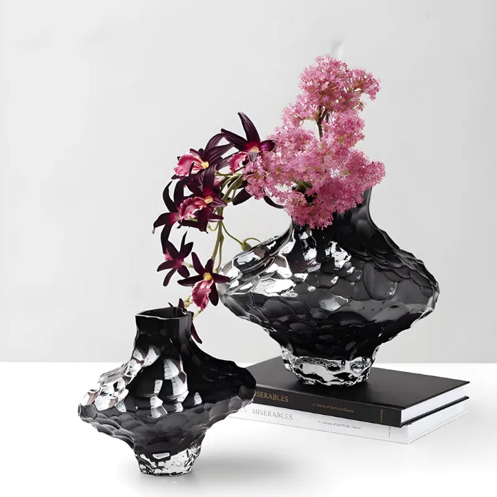 Vase à Fleurs en Verre Transparent | Design Géométrique Vert Émeraude et Effet Pierre Sculptée - Maison Vase
