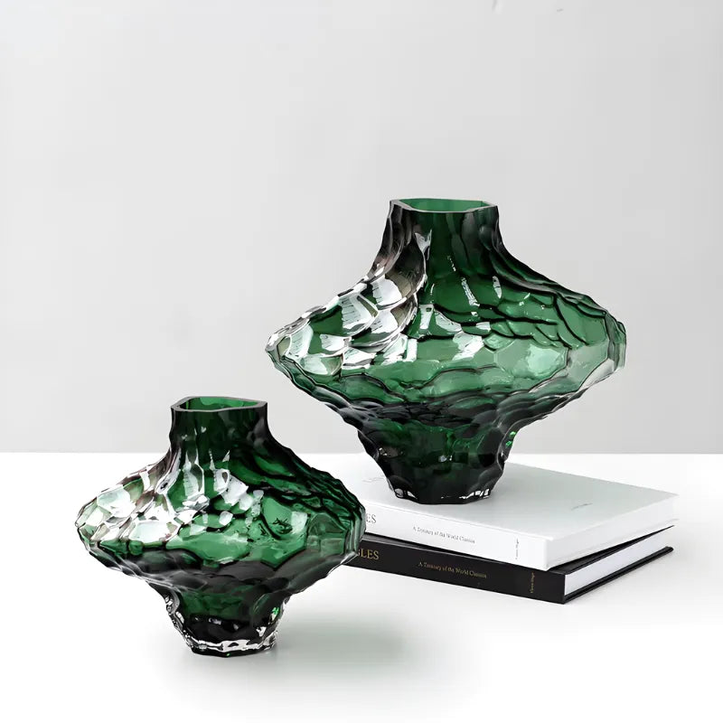 Vase à Fleurs en Verre Transparent | Design Géométrique Vert Émeraude et Effet Pierre Sculptée - Maison Vase