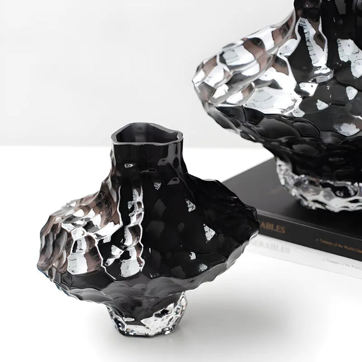 Vase à Fleurs en Verre Transparent | Design Géométrique Vert Émeraude et Effet Pierre Sculptée - Maison Vase