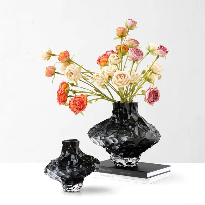Vase à Fleurs en Verre Transparent | Design Géométrique Vert Émeraude et Effet Pierre Sculptée - Maison Vase