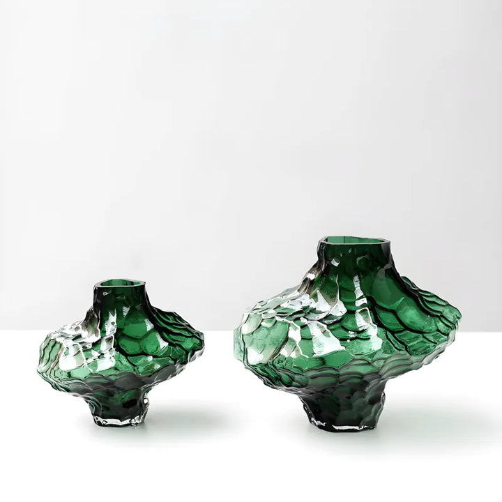 Vase à Fleurs en Verre Transparent | Design Géométrique Vert Émeraude et Effet Pierre Sculptée - Maison Vase
