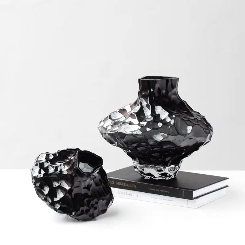 Vase à Fleurs en Verre Transparent | Design Géométrique Vert Émeraude et Effet Pierre Sculptée - Maison Vase