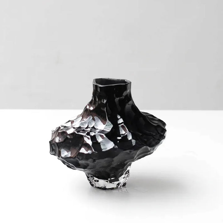 Vase à Fleurs en Verre Transparent | Design Géométrique Vert Émeraude et Effet Pierre Sculptée - Maison Vase