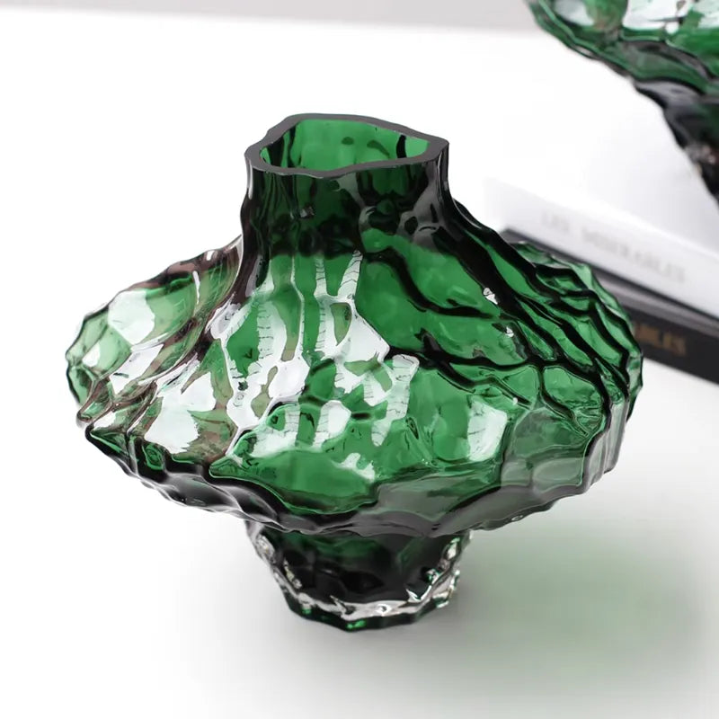 Vase à Fleurs en Verre Transparent | Design Géométrique Vert Émeraude et Effet Pierre Sculptée - Maison Vase