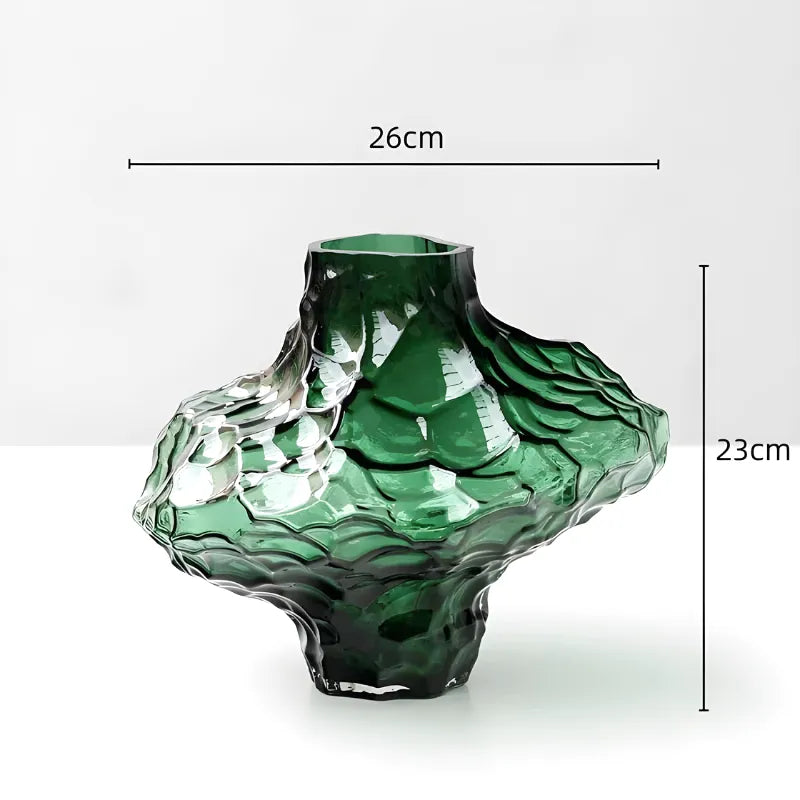 Vase à Fleurs en Verre Transparent | Design Géométrique Vert Émeraude et Effet Pierre Sculptée - Maison Vase