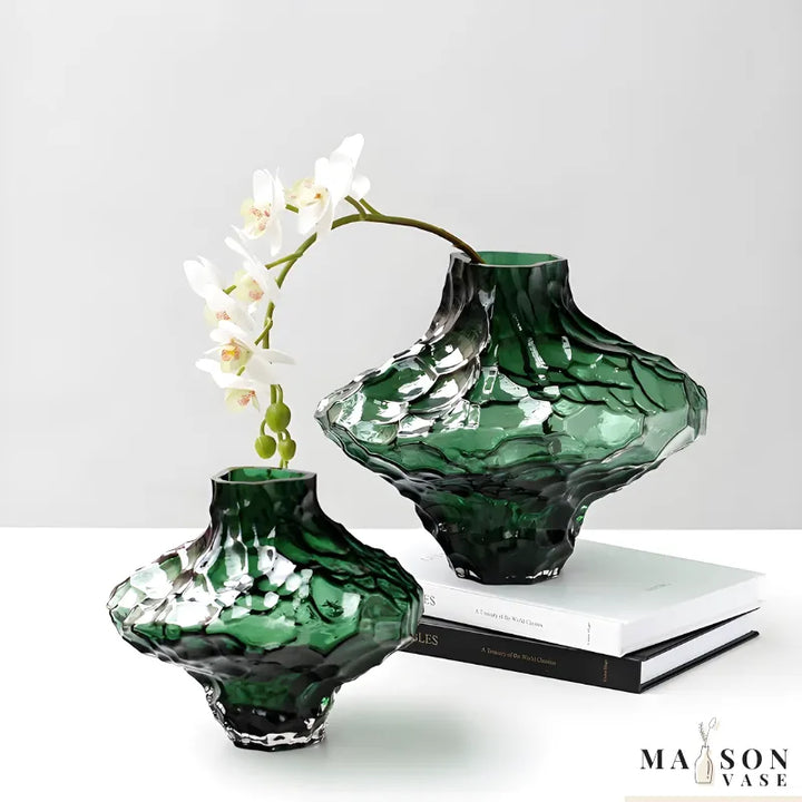 Vase à Fleurs en Verre Transparent | Design Géométrique Vert Émeraude et Effet Pierre Sculptée - Maison Vase