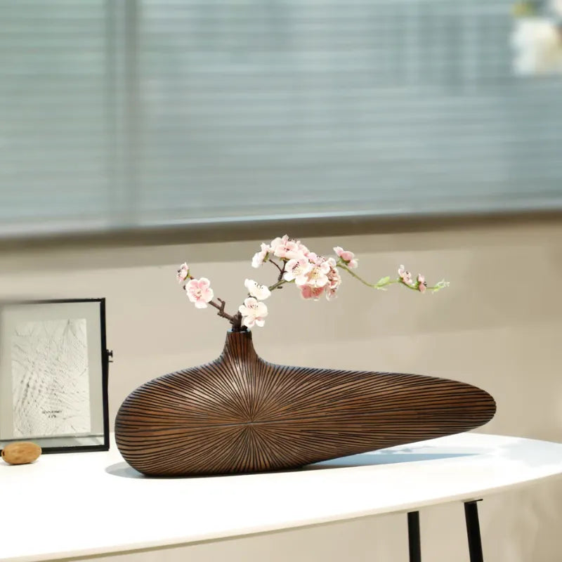 Vase à Fleurs Japonais Ovale Imitation Bois | Design Décoratif Moderne et Minimaliste - Maison Vase