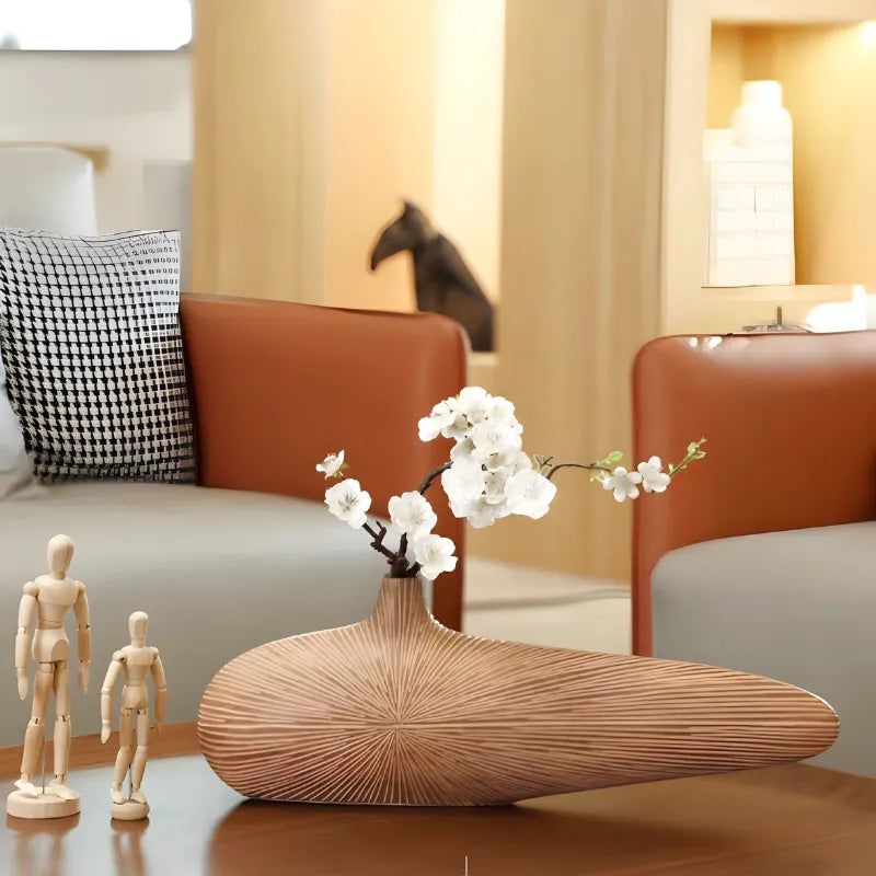 Vase à Fleurs Japonais Ovale Imitation Bois | Design Décoratif Moderne et Minimaliste - Maison Vase