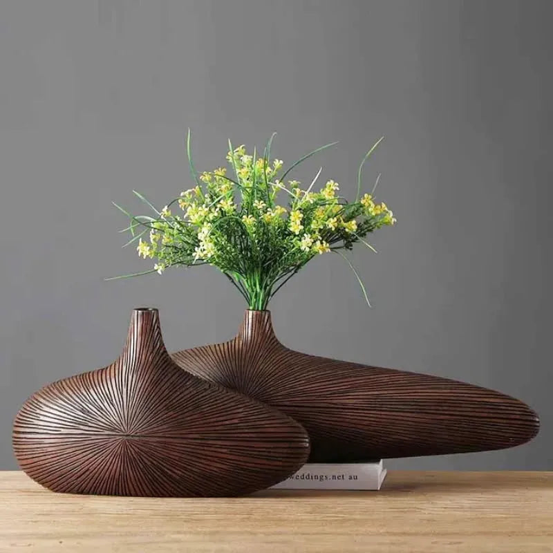 Vase à Fleurs Japonais Ovale Imitation Bois | Design Décoratif Moderne et Minimaliste - Maison Vase