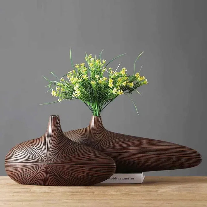Vase à Fleurs Japonais Ovale Imitation Bois | Design Décoratif Moderne et Minimaliste - Maison Vase