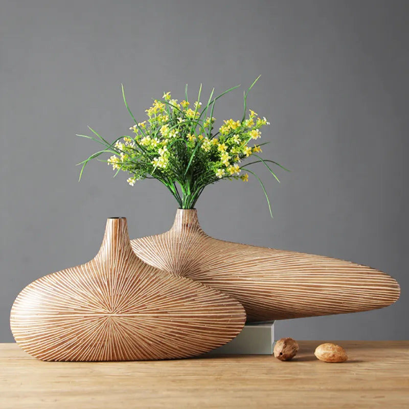 Vase à Fleurs Japonais Ovale Imitation Bois | Design Décoratif Moderne et Minimaliste - Maison Vase