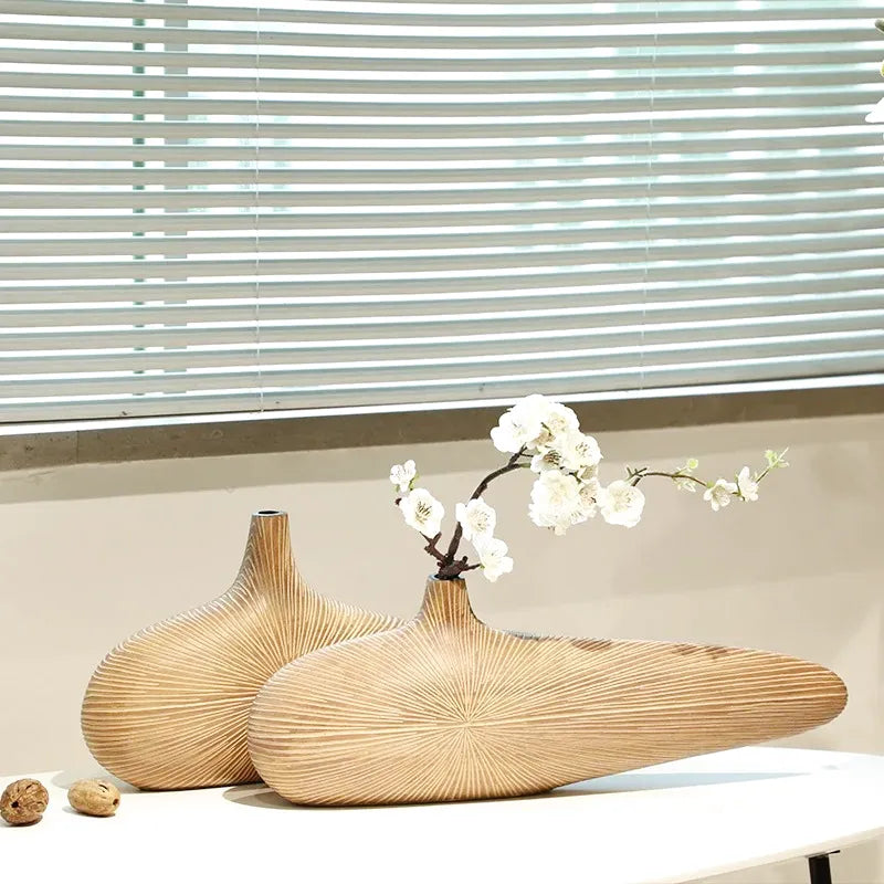 Vase à Fleurs Japonais Ovale Imitation Bois | Design Décoratif Moderne et Minimaliste - Maison Vase