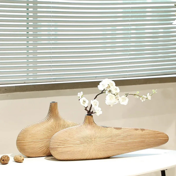 Vase à Fleurs Japonais Ovale Imitation Bois | Design Décoratif Moderne et Minimaliste - Maison Vase